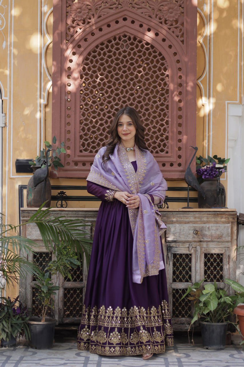 Purple Embroidered Star Georgette Gown with Gold Crush Sequins Dupatta