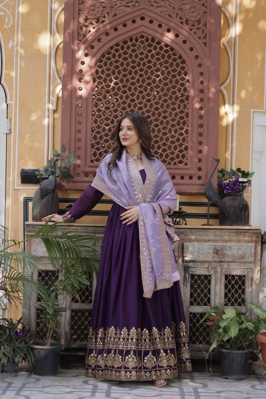 Purple Embroidered Star Georgette Gown with Gold Crush Sequins Dupatta