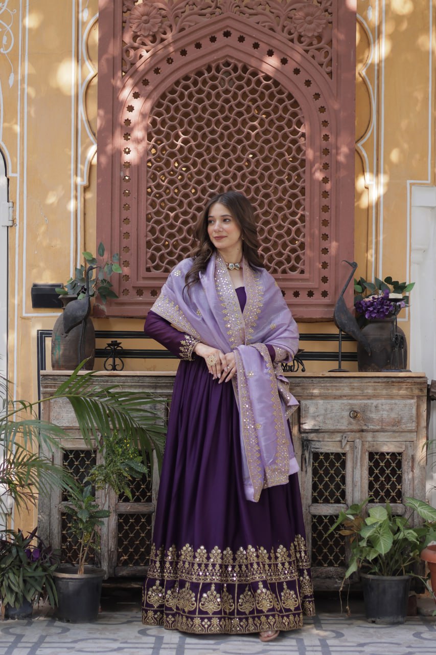 Purple Embroidered Star Georgette Gown with Gold Crush Sequins Dupatta