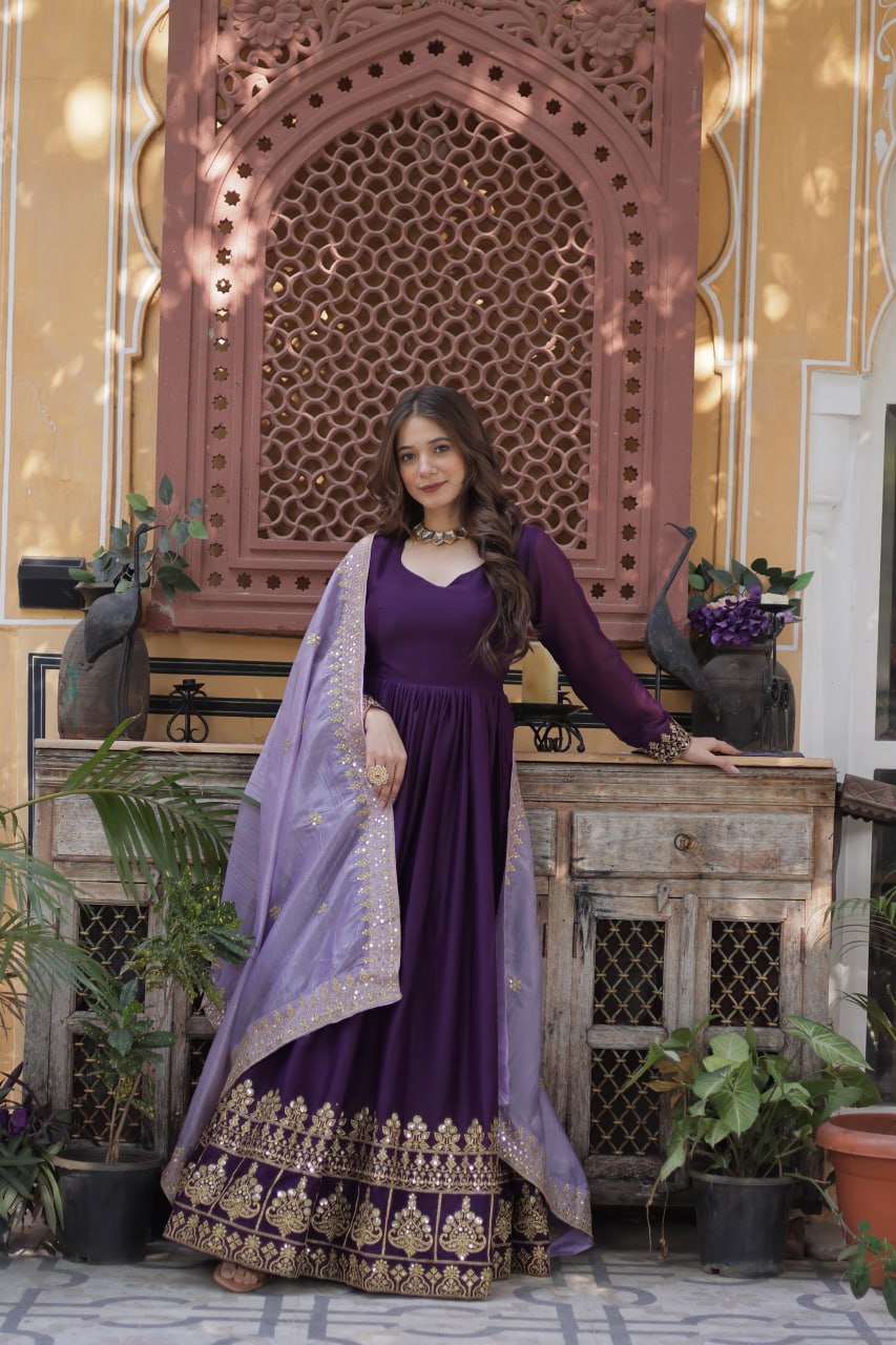 Purple Embroidered Star Georgette Gown with Gold Crush Sequins Dupatta