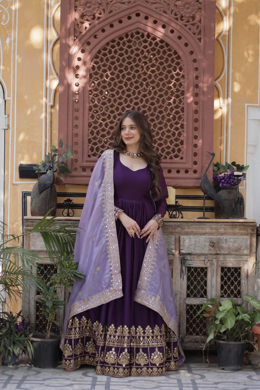 Purple Embroidered Star Georgette Gown with Gold Crush Sequins Dupatta