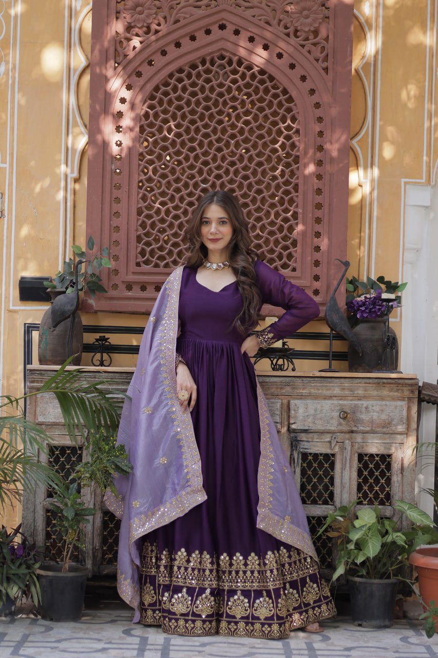 Purple Embroidered Star Georgette Gown with Gold Crush Sequins Dupatta