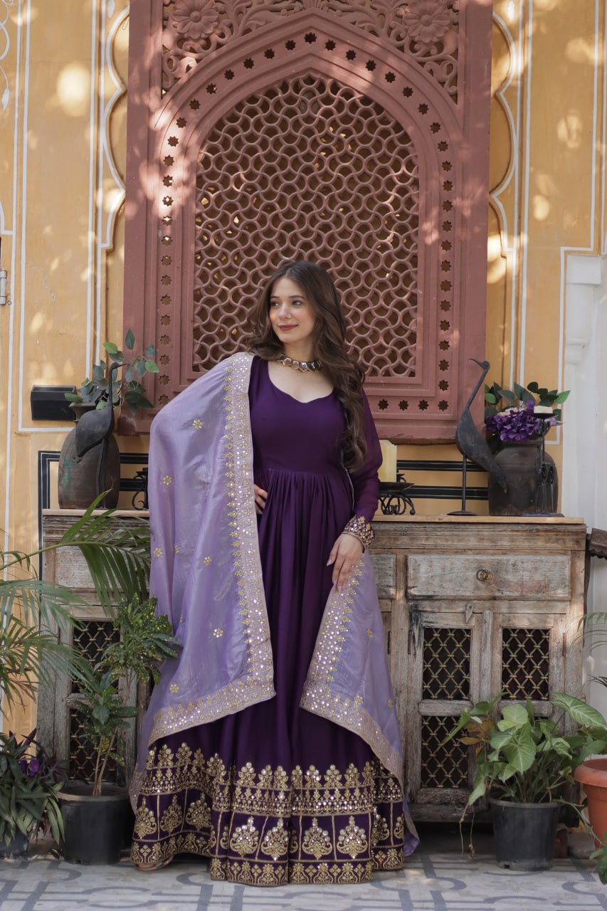 Purple Embroidered Star Georgette Gown with Gold Crush Sequins Dupatta