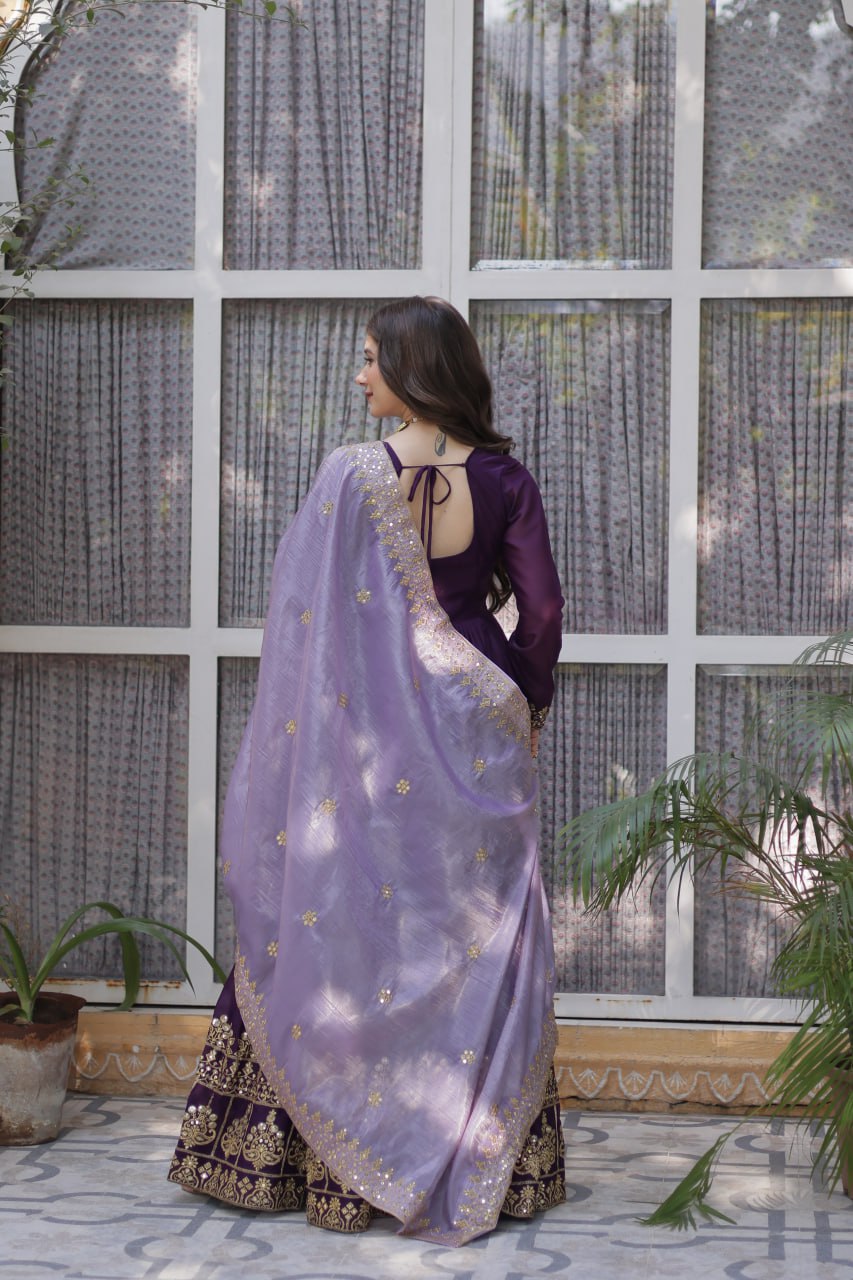 Purple Embroidered Star Georgette Gown with Gold Crush Sequins Dupatta