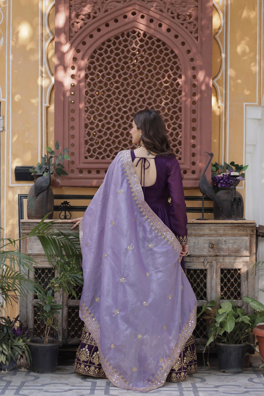 Purple Embroidered Star Georgette Gown with Gold Crush Sequins Dupatta