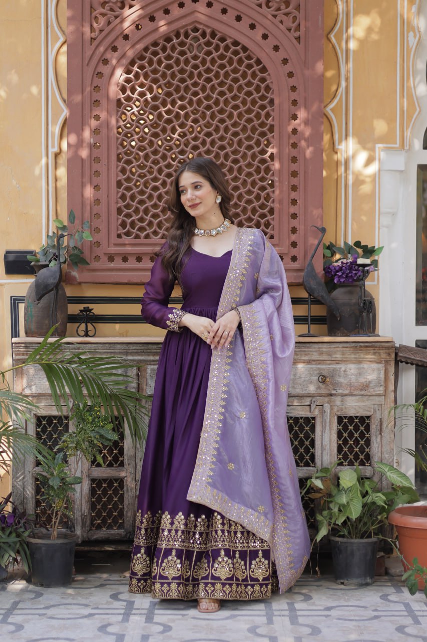 Purple Embroidered Star Georgette Gown with Gold Crush Sequins Dupatta