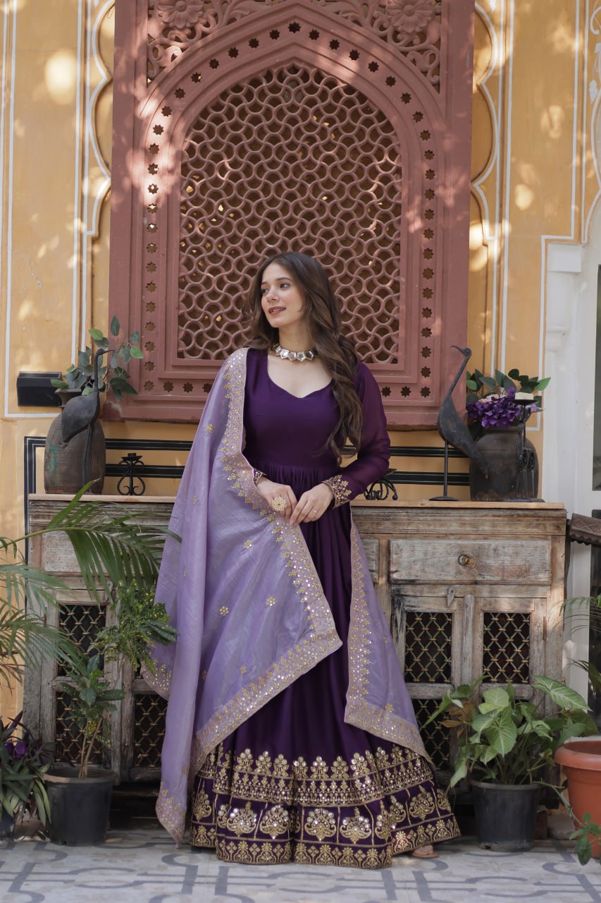 Purple Embroidered Star Georgette Gown with Gold Crush Sequins Dupatta