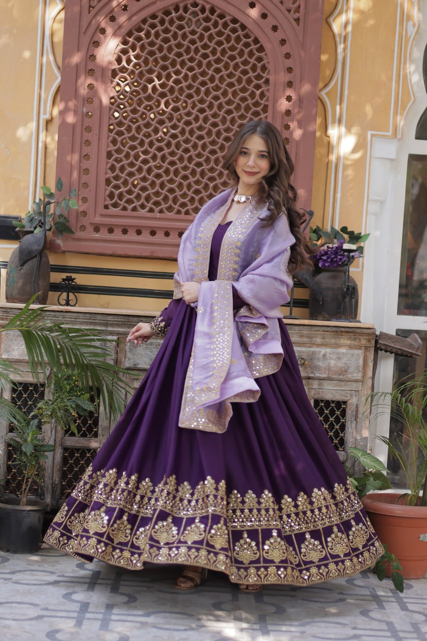 Purple Embroidered Star Georgette Gown with Gold Crush Sequins Dupatta