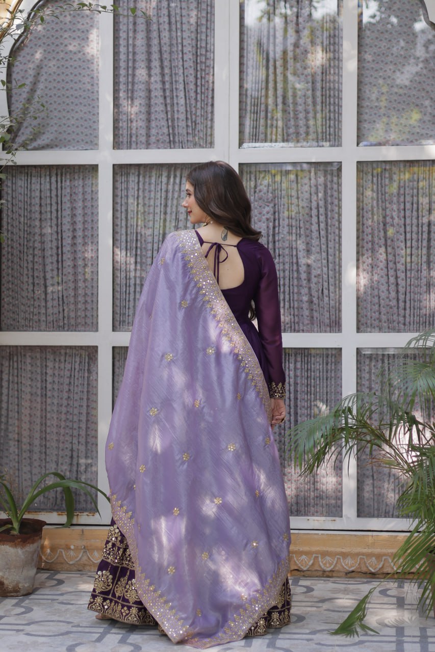 Purple Embroidered Star Georgette Gown with Gold Crush Sequins Dupatta