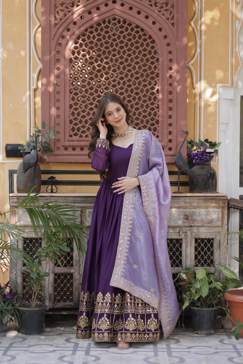 Purple Embroidered Star Georgette Gown with Gold Crush Sequins Dupatta