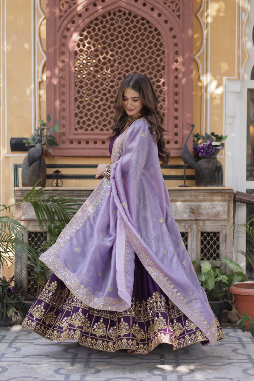 Purple Embroidered Star Georgette Gown with Gold Crush Sequins Dupatta