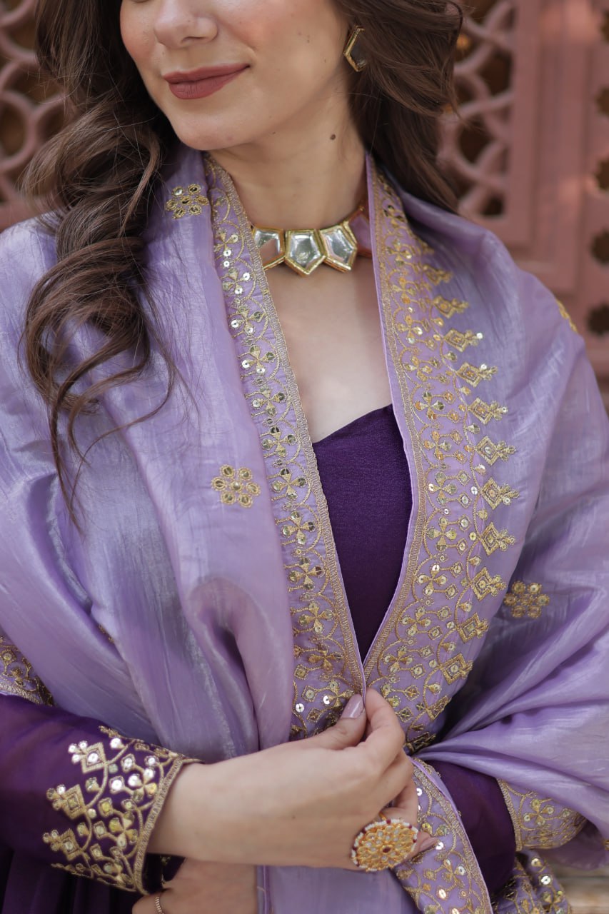 Purple Embroidered Star Georgette Gown with Gold Crush Sequins Dupatta