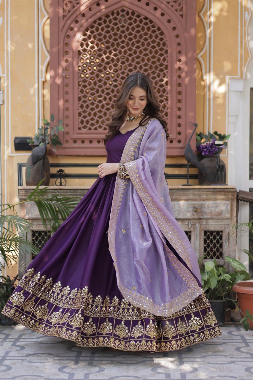 Purple Embroidered Star Georgette Gown with Gold Crush Sequins Dupatta