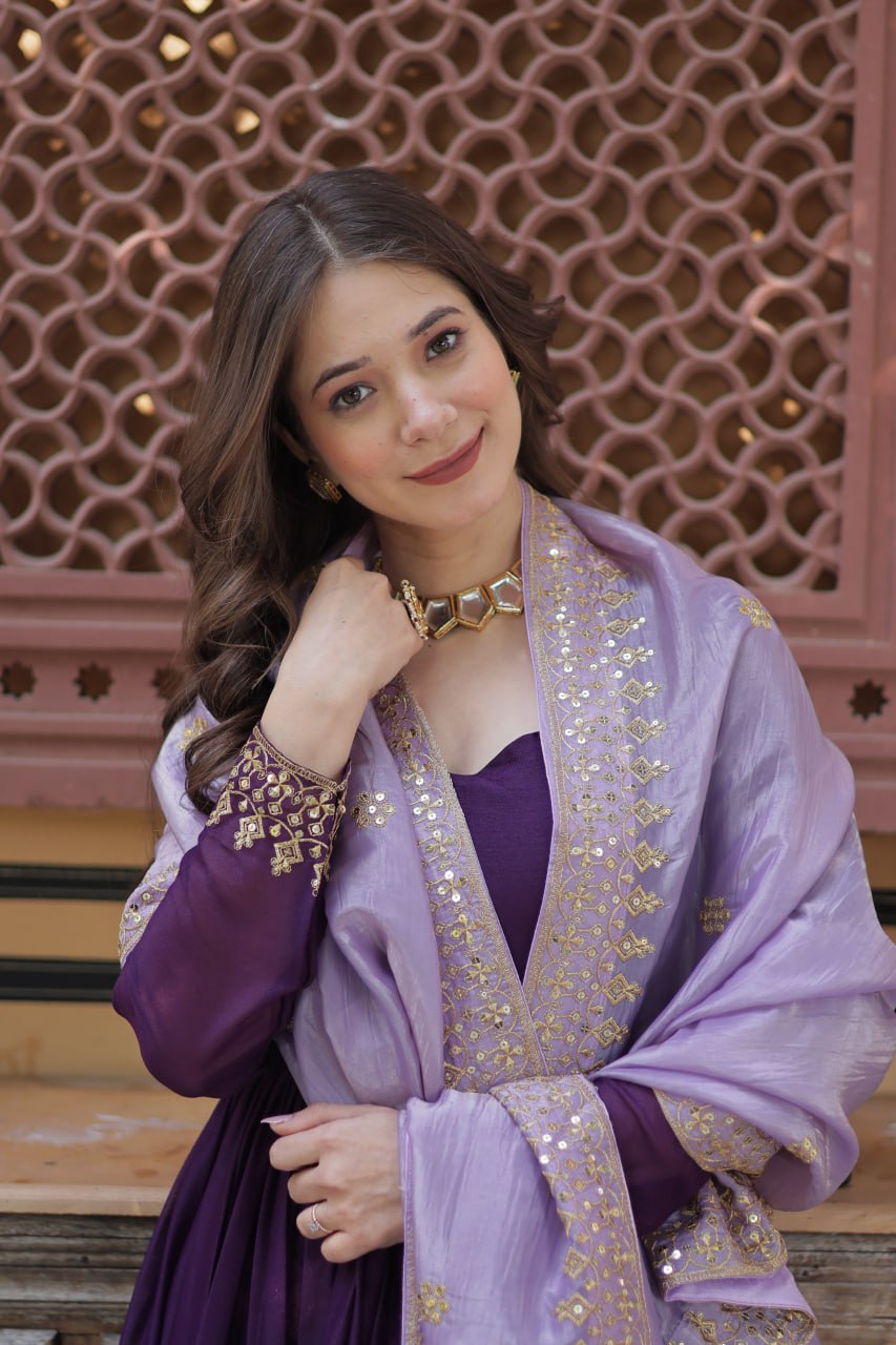 Purple Embroidered Star Georgette Gown with Gold Crush Sequins Dupatta