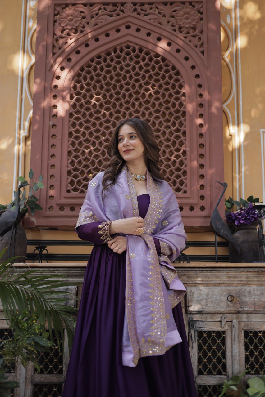 Purple Embroidered Star Georgette Gown with Gold Crush Sequins Dupatta