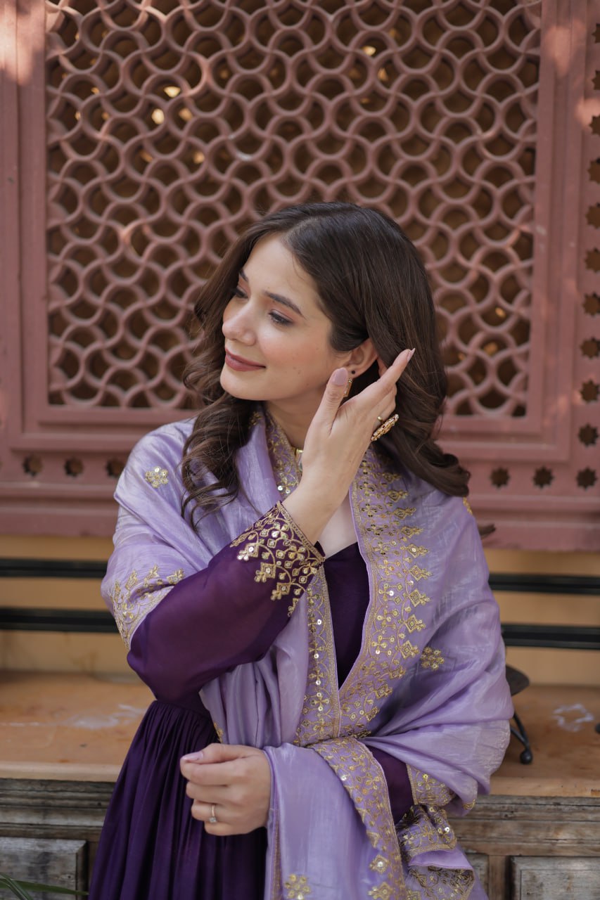 Purple Embroidered Star Georgette Gown with Gold Crush Sequins Dupatta