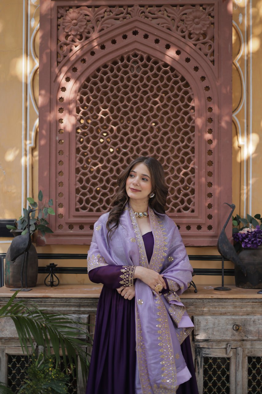 Purple Embroidered Star Georgette Gown with Gold Crush Sequins Dupatta