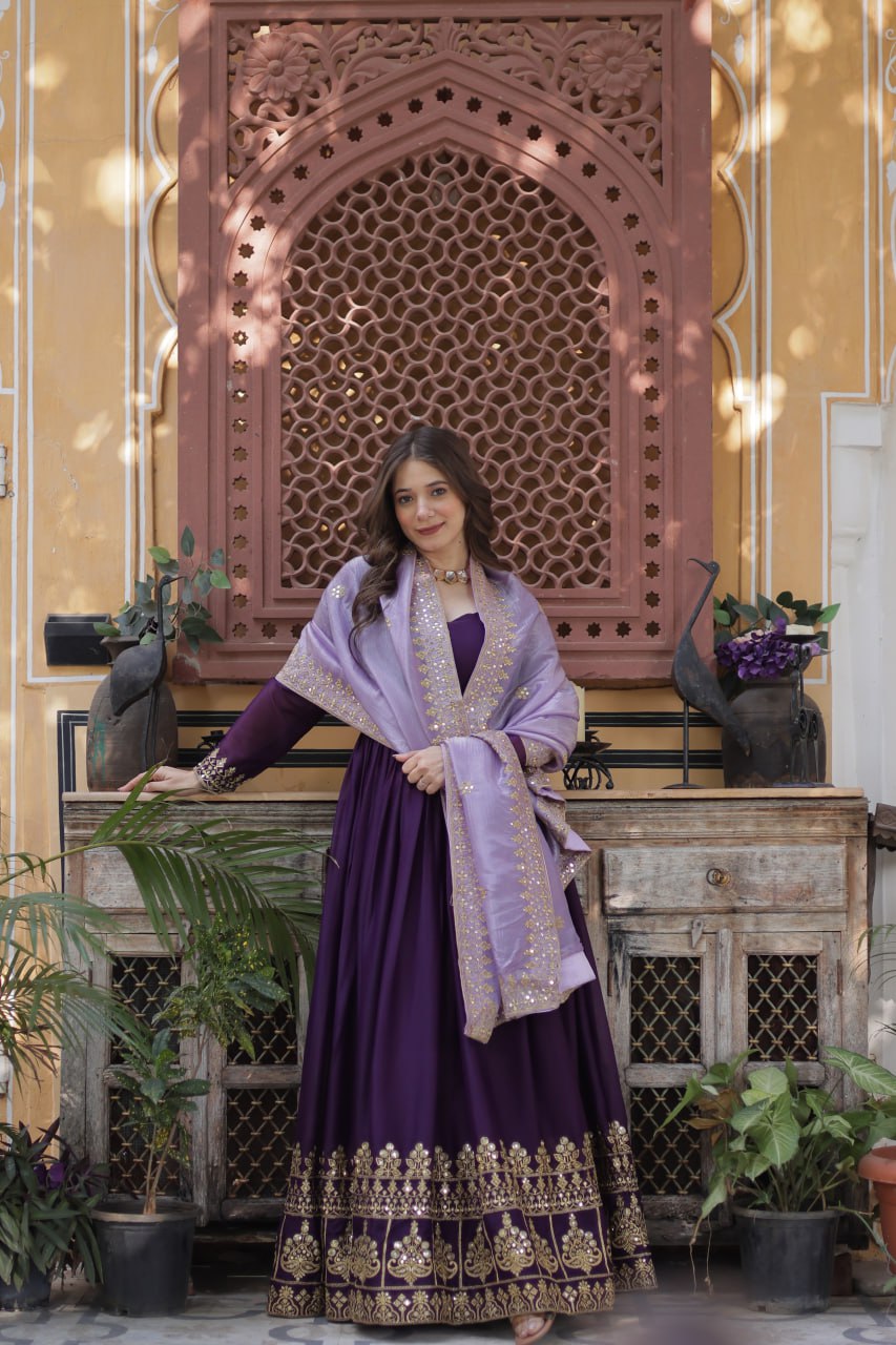 Purple Embroidered Star Georgette Gown with Gold Crush Sequins Dupatta