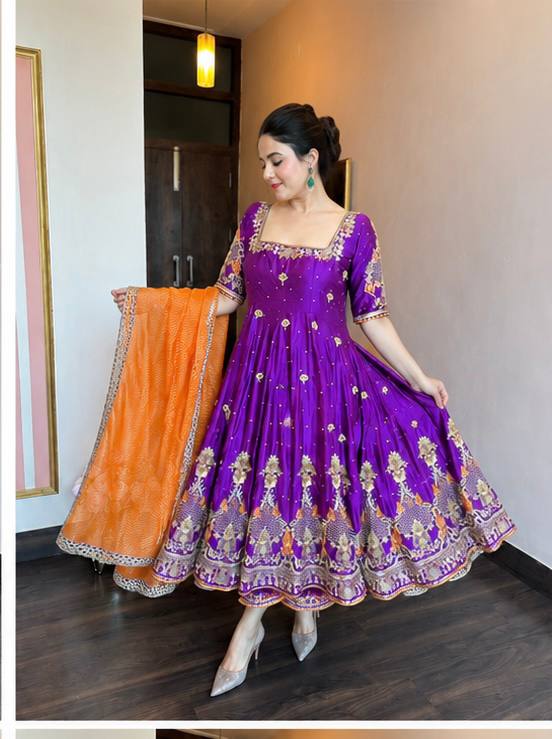 Purple Embroidered Zari Sequins Gown