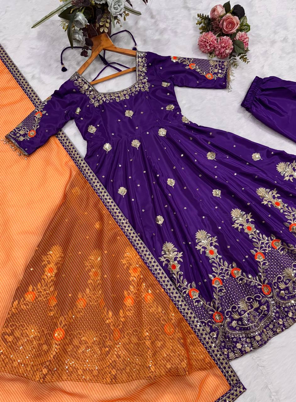 Purple Embroidered Zari Sequins Gown