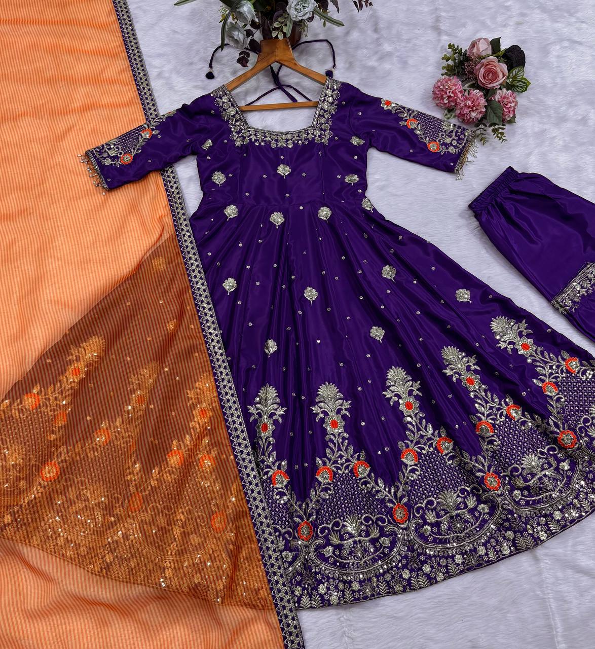 Purple Embroidered Zari Sequins Gown