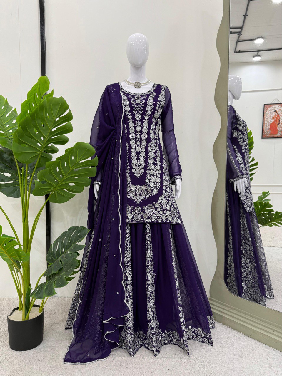 Purple Ethnic Elegance Faux Georgette Thread & Sequin Embroidered Suit Set