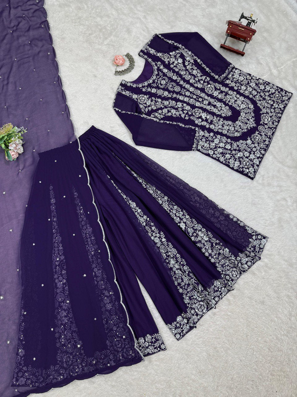 Purple Ethnic Elegance Faux Georgette Thread & Sequin Embroidered Suit Set