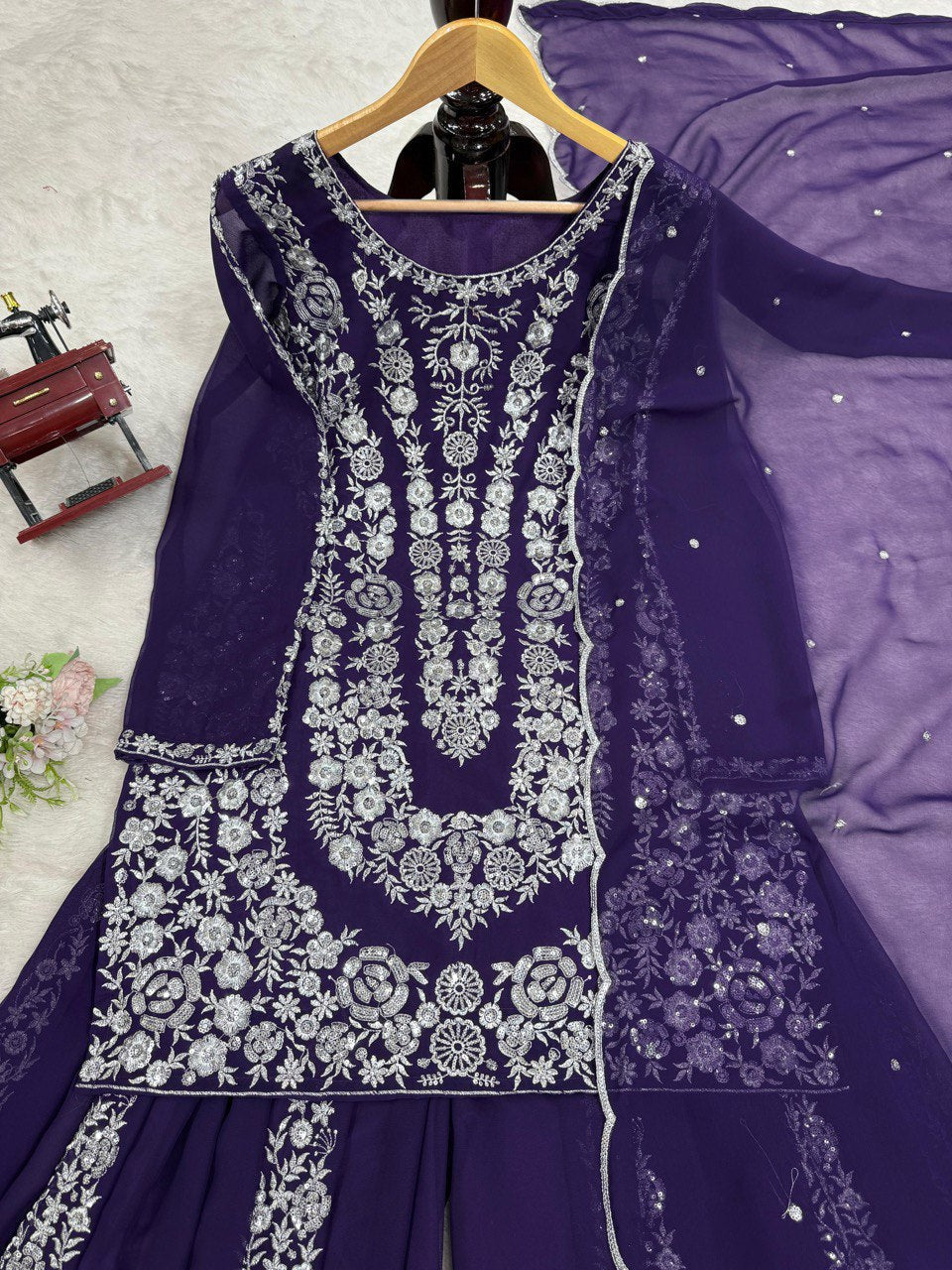 Purple Ethnic Elegance Faux Georgette Thread & Sequin Embroidered Suit Set