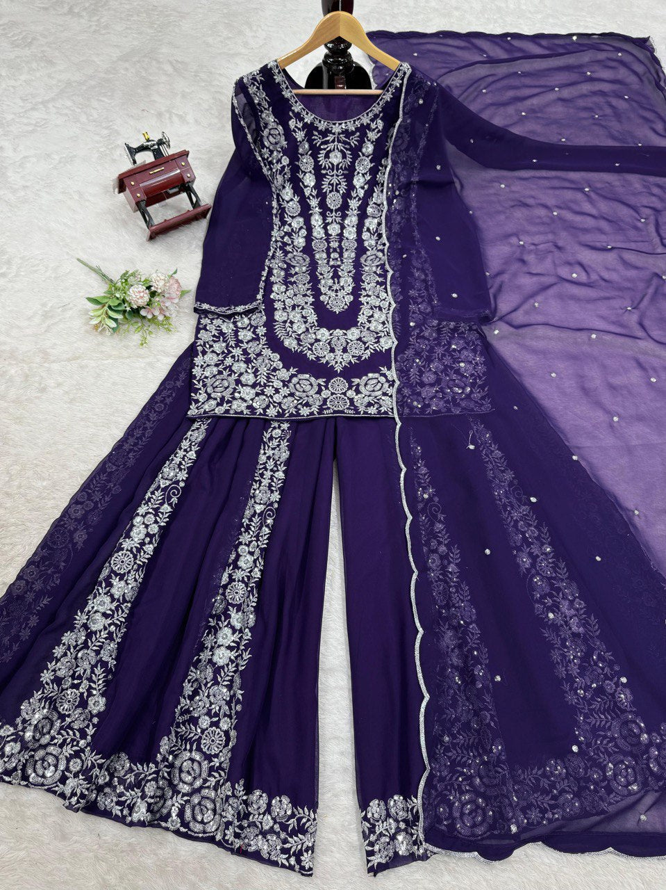 Purple Ethnic Elegance Faux Georgette Thread & Sequin Embroidered Suit Set