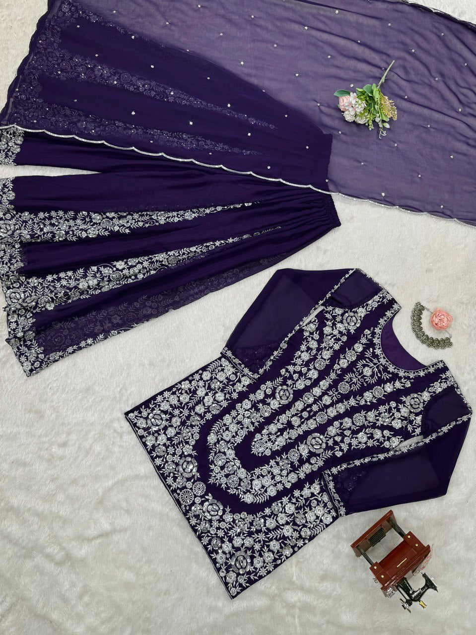 Purple Ethnic Elegance Faux Georgette Thread & Sequin Embroidered Suit Set
