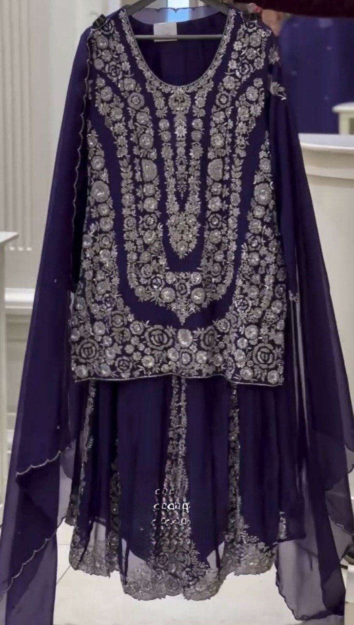 Purple Ethnic Elegance Faux Georgette Thread & Sequin Embroidered Suit Set