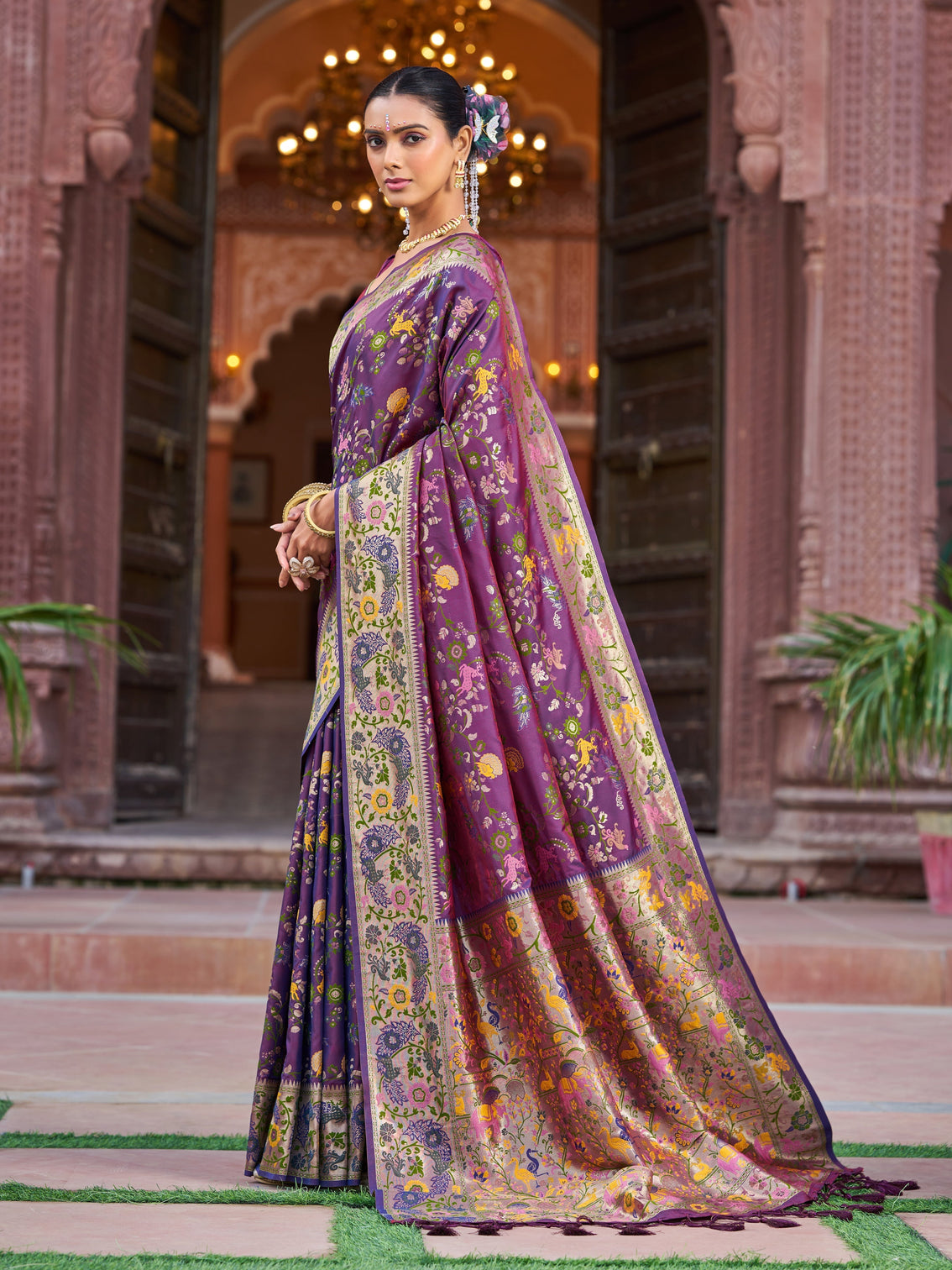 Purple Exquisite Banarasi Jacquard Art Silk Saree with Matching Border Blouse – Perfect for Weddings