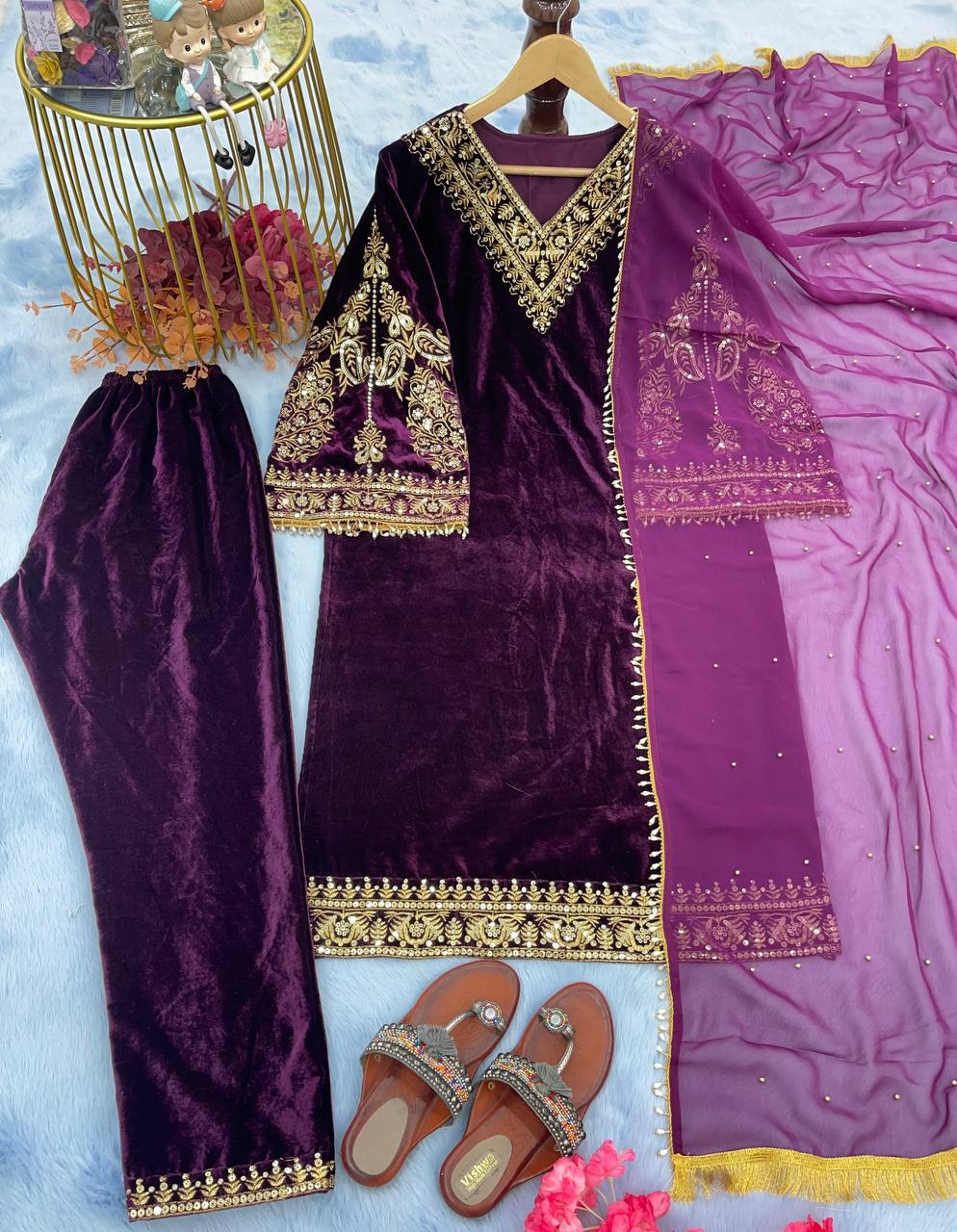 Purple Fancy Bell Sleeve Green Color Velvet Salwar Suit