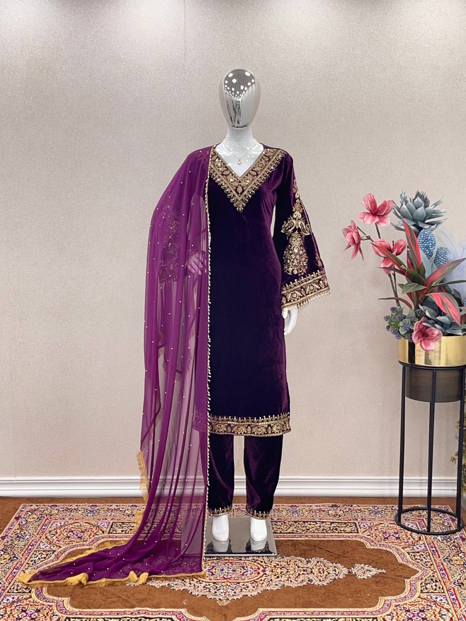 Purple Fancy Bell Sleeve Green Color Velvet Salwar Suit