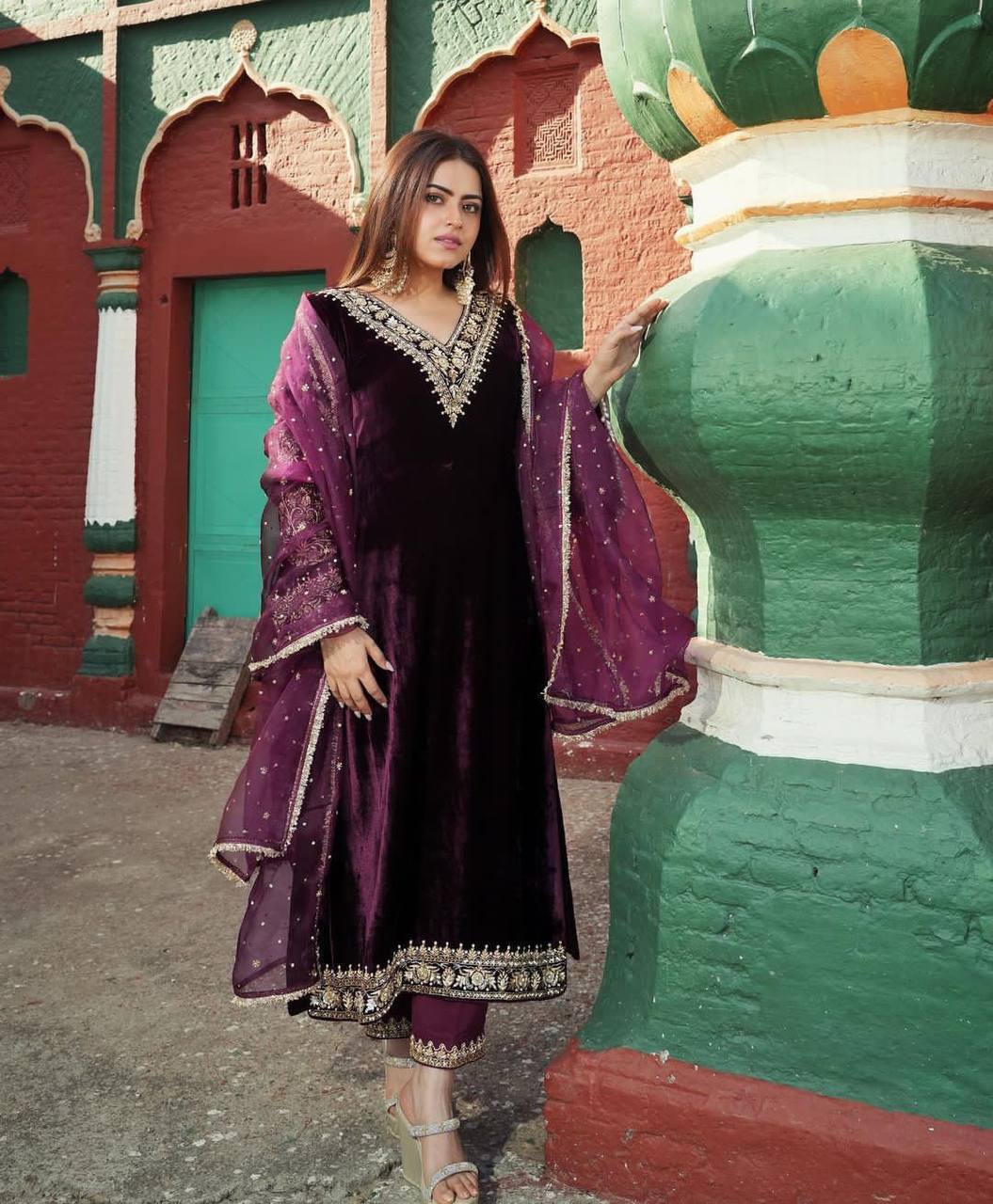 Purple Fancy Bell Sleeve Green Color Velvet Salwar Suit