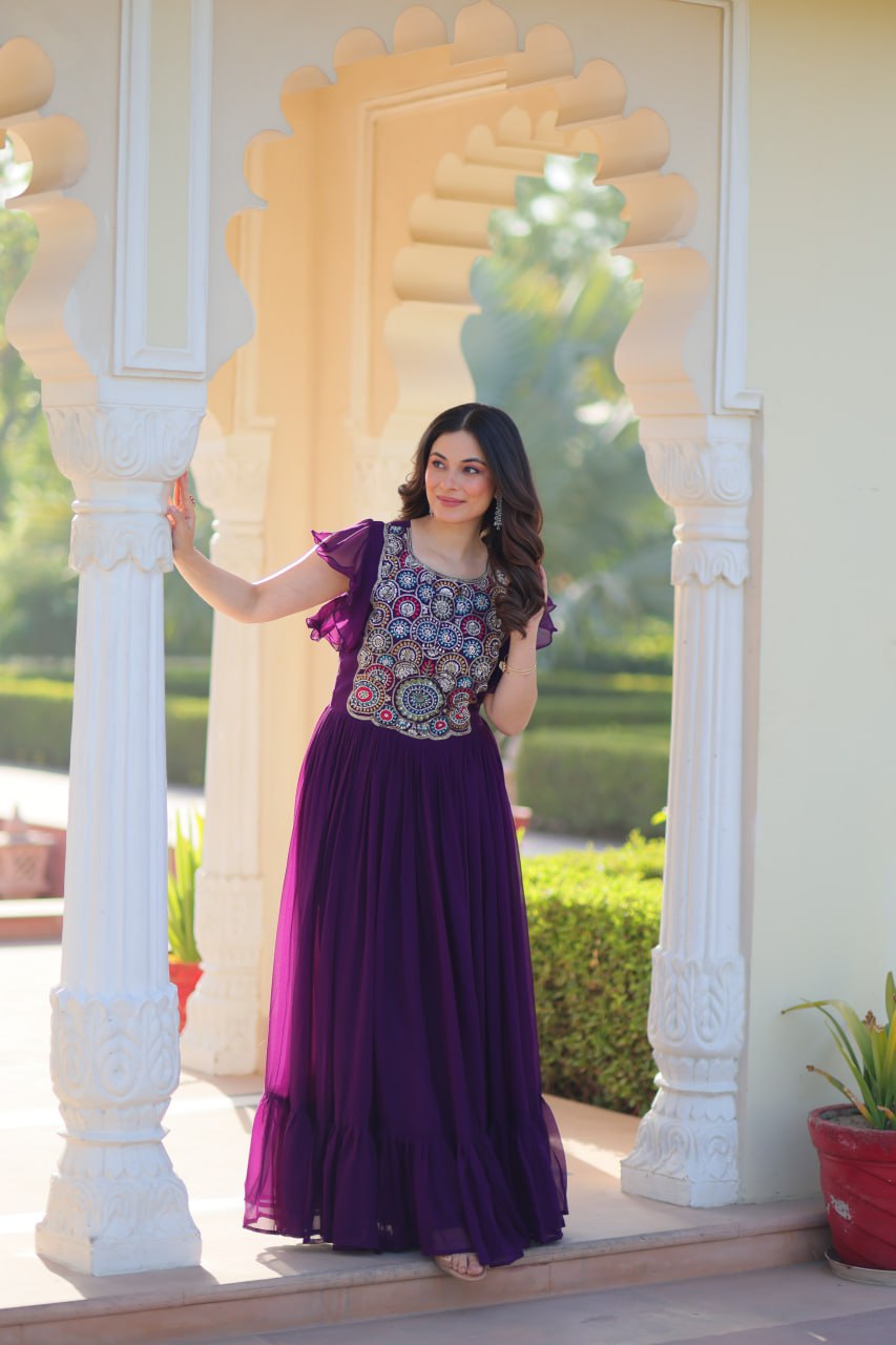 Purple Faux Blooming Embroidered Gown with Beads, Sequins & Bell Sleeves – 7 Meter Flair