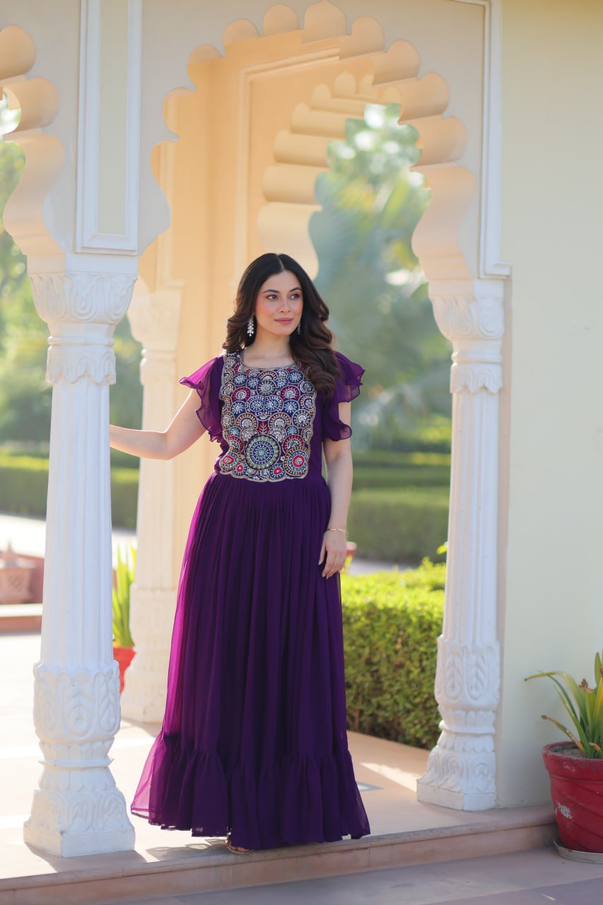 Purple Faux Blooming Embroidered Gown with Beads, Sequins & Bell Sleeves – 7 Meter Flair