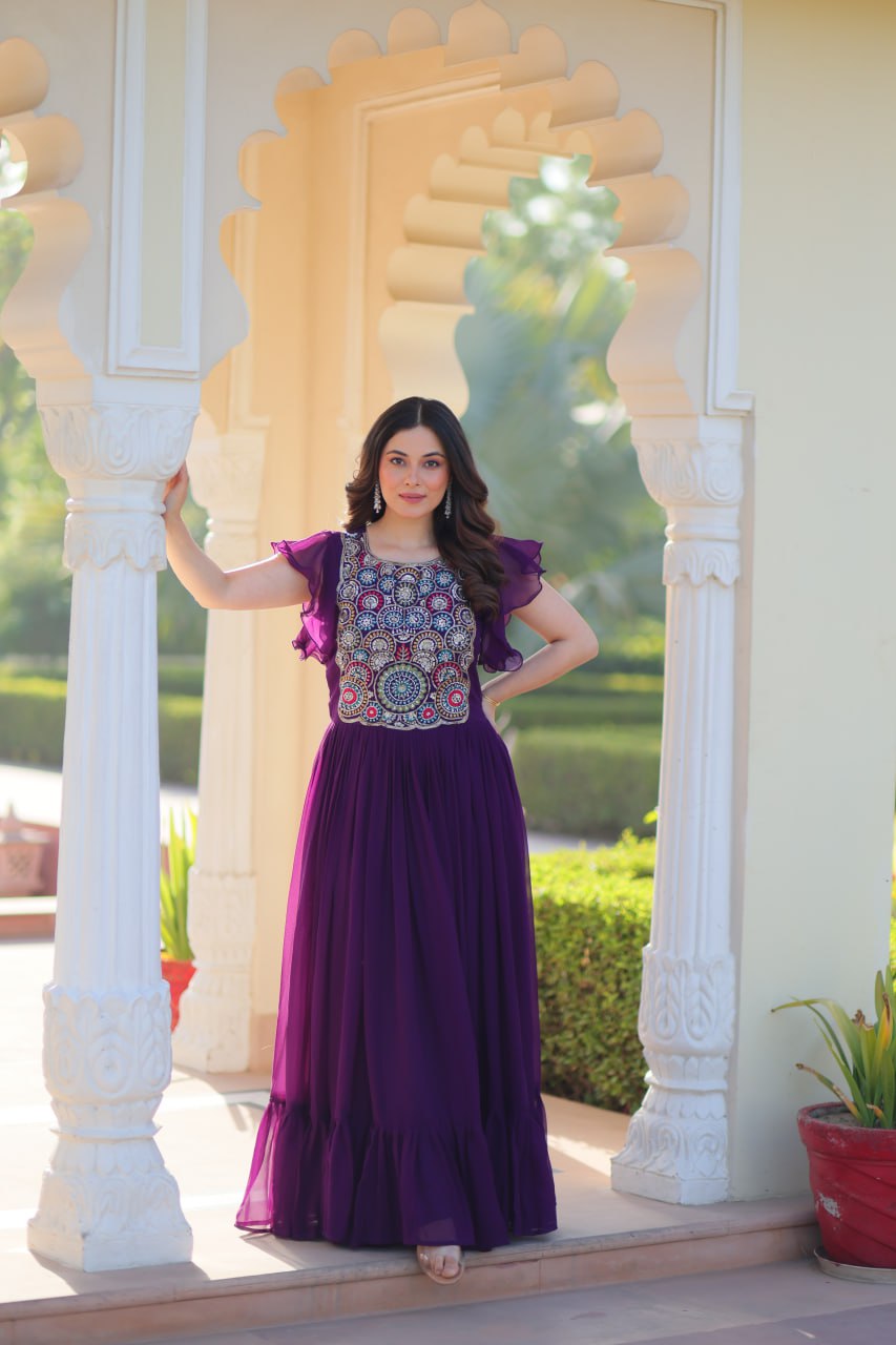 Purple Faux Blooming Embroidered Gown with Beads, Sequins & Bell Sleeves – 7 Meter Flair