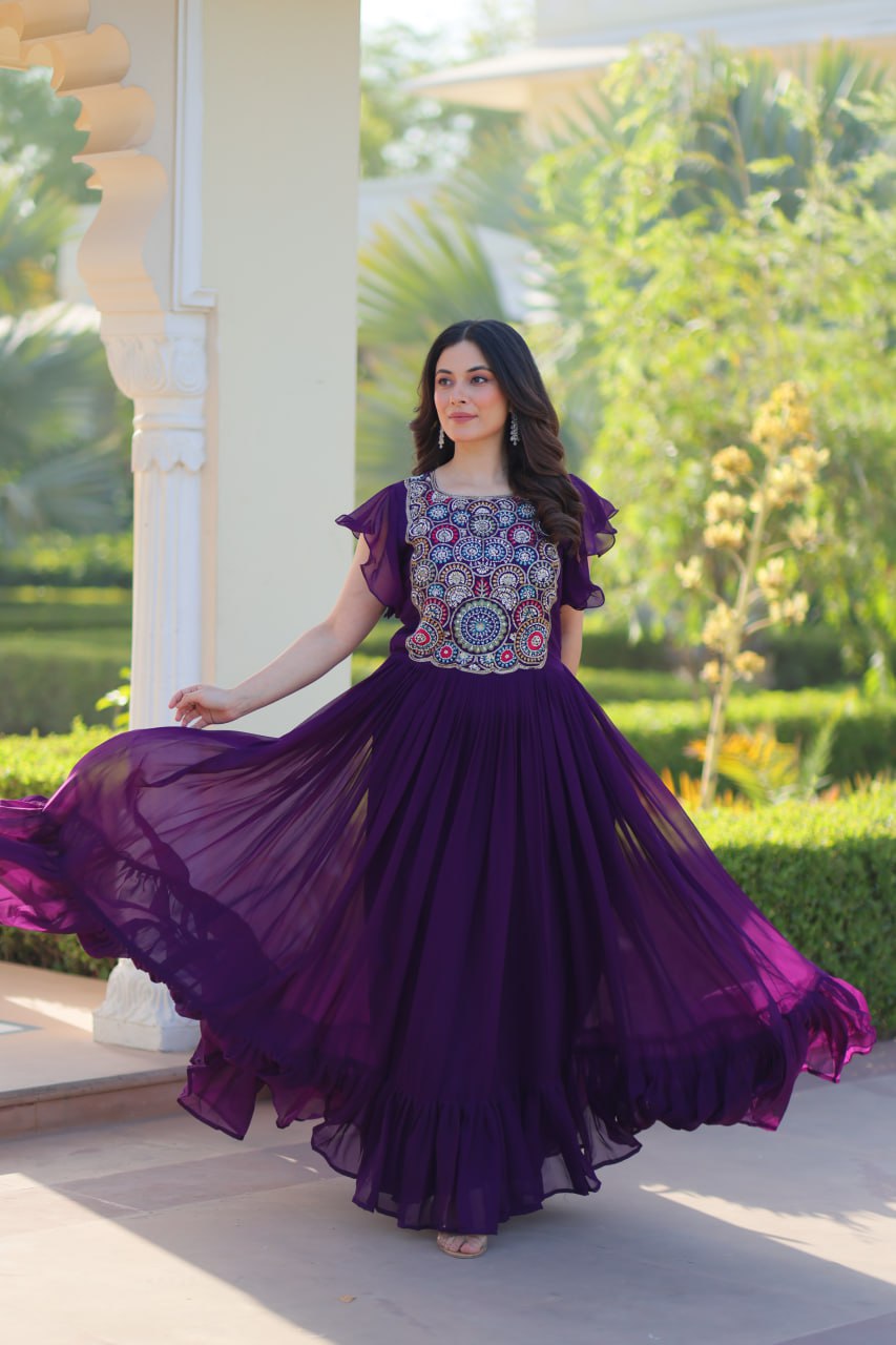 Purple Faux Blooming Embroidered Gown with Beads, Sequins & Bell Sleeves – 7 Meter Flair
