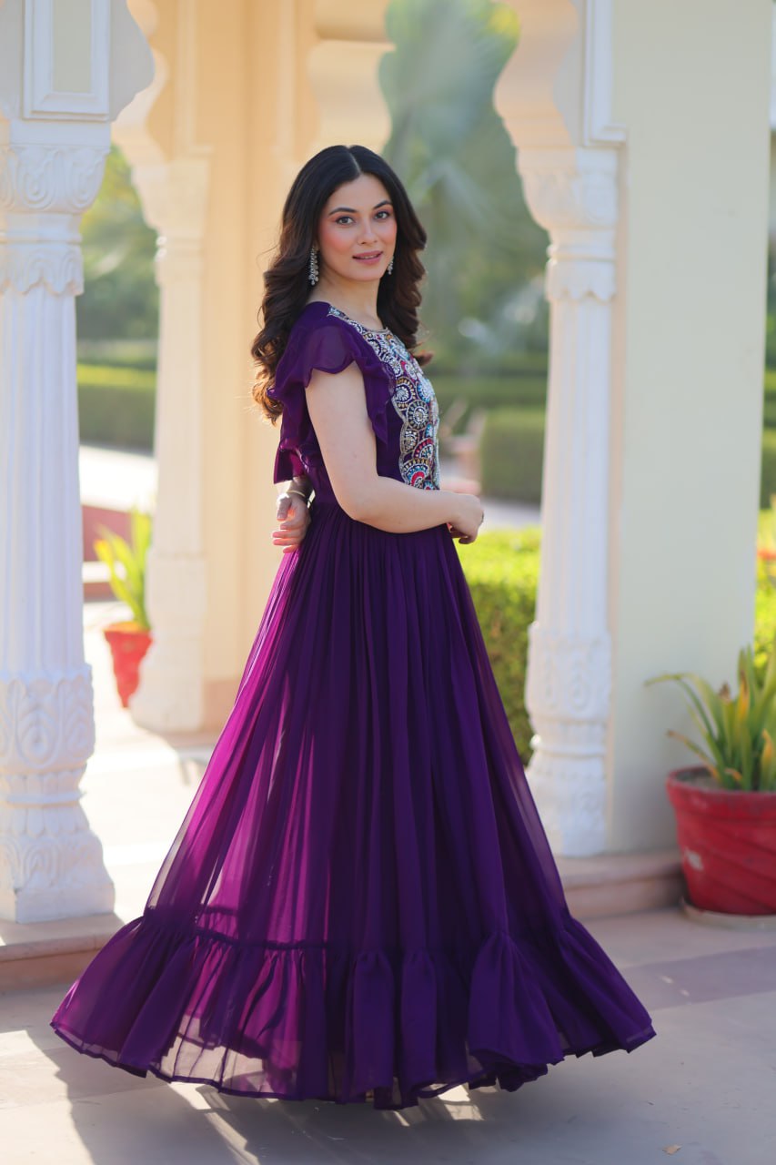 Purple Faux Blooming Embroidered Gown with Beads, Sequins & Bell Sleeves – 7 Meter Flair