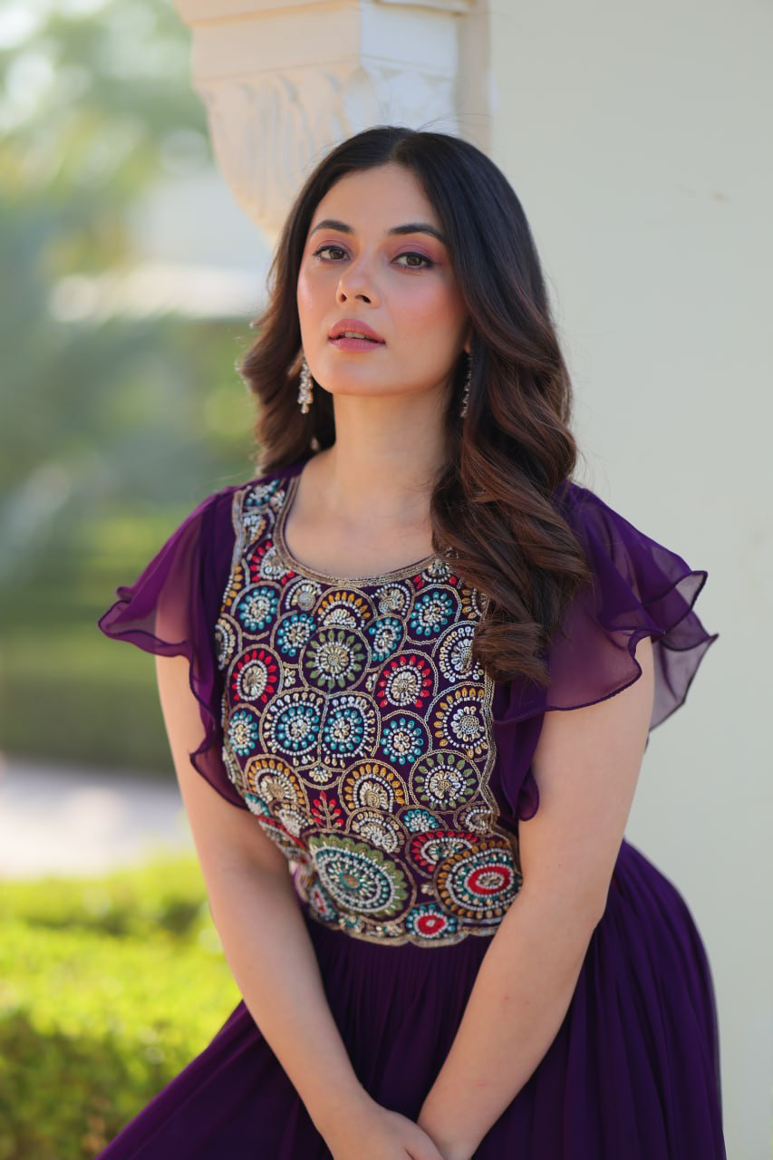 Purple Faux Blooming Embroidered Gown with Beads, Sequins & Bell Sleeves – 7 Meter Flair