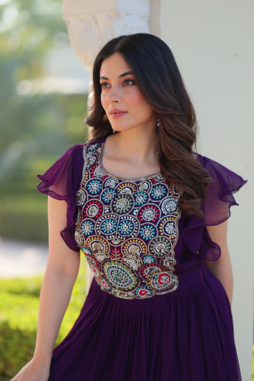 Purple Faux Blooming Embroidered Gown with Beads, Sequins & Bell Sleeves – 7 Meter Flair