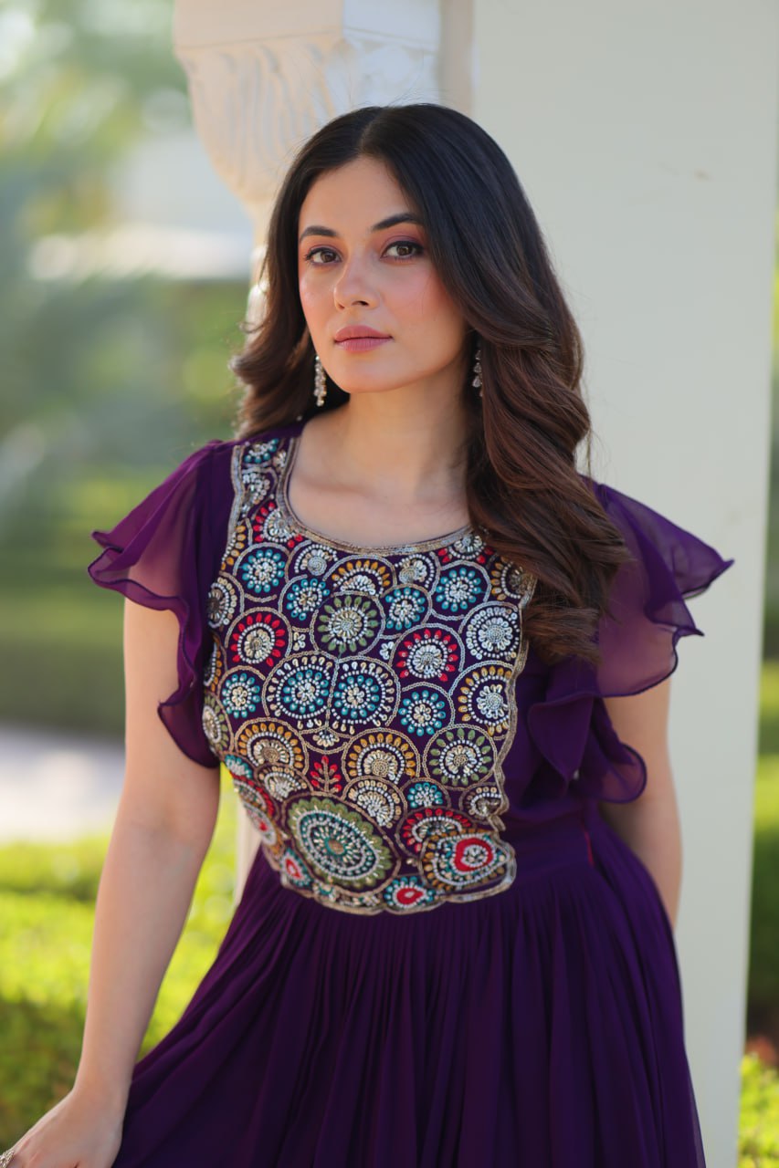 Purple Faux Blooming Embroidered Gown with Beads, Sequins & Bell Sleeves – 7 Meter Flair
