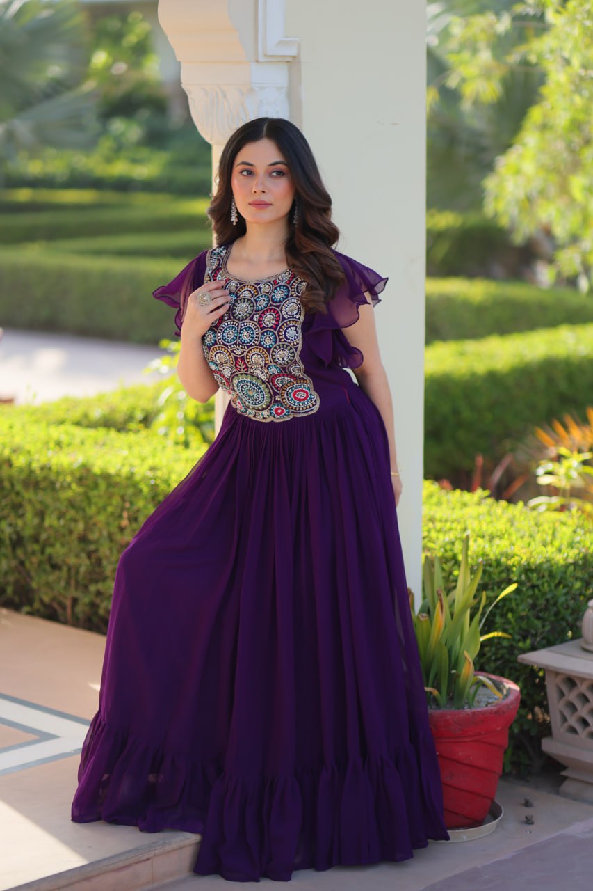 Purple Faux Blooming Embroidered Gown with Beads, Sequins & Bell Sleeves – 7 Meter Flair