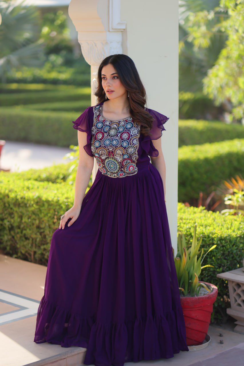 Purple Faux Blooming Embroidered Gown with Beads, Sequins & Bell Sleeves – 7 Meter Flair