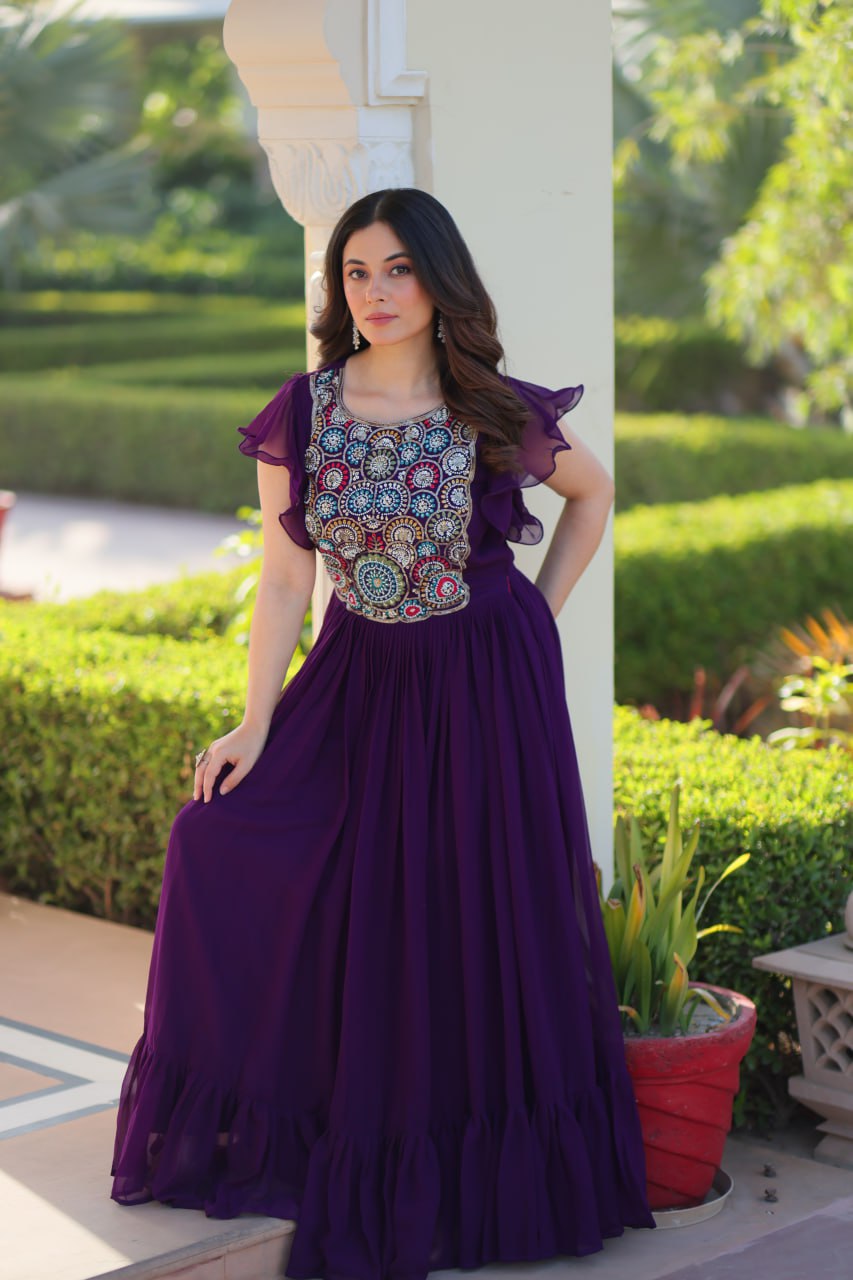 Purple Faux Blooming Embroidered Gown with Beads, Sequins & Bell Sleeves – 7 Meter Flair