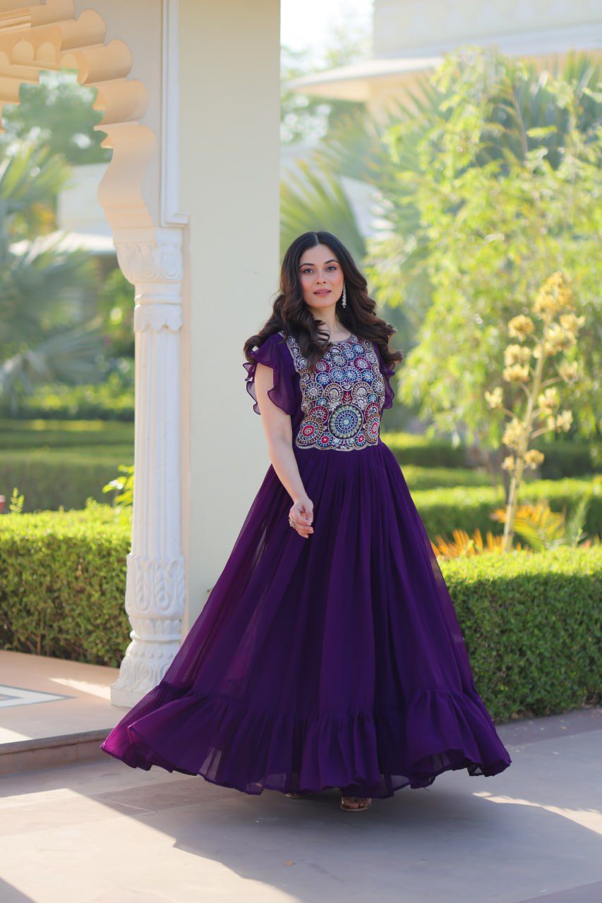 Purple Faux Blooming Embroidered Gown with Beads, Sequins & Bell Sleeves – 7 Meter Flair