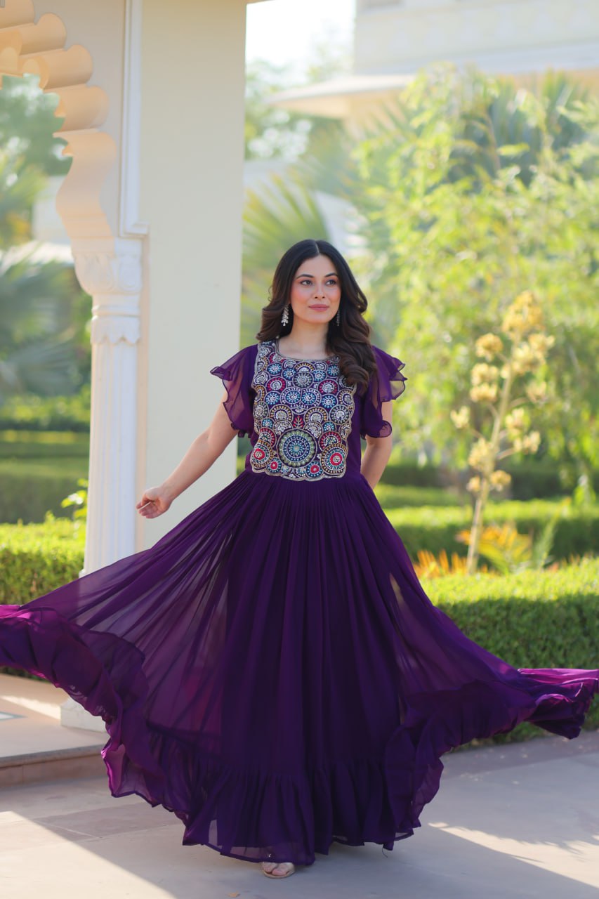 Purple Faux Blooming Embroidered Gown with Beads, Sequins & Bell Sleeves – 7 Meter Flair
