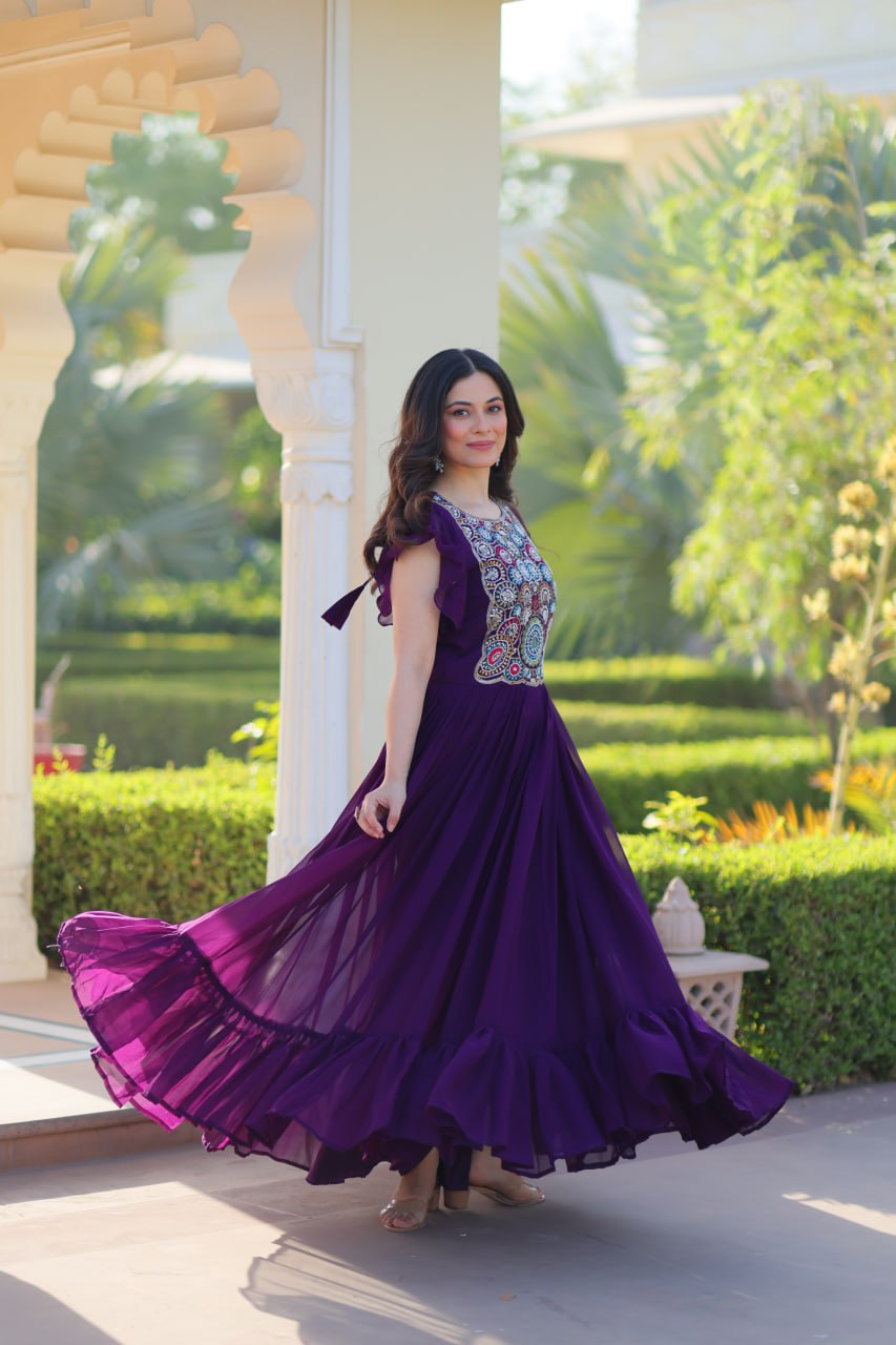 Purple Faux Blooming Embroidered Gown with Beads, Sequins & Bell Sleeves – 7 Meter Flair