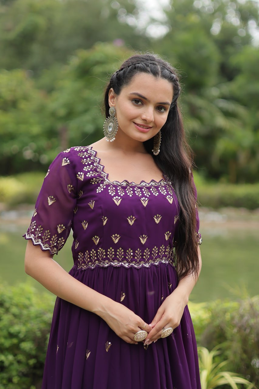 Purple Faux Blooming Fabric Designer Readymade Gown with Zari & Sequins Embroidery